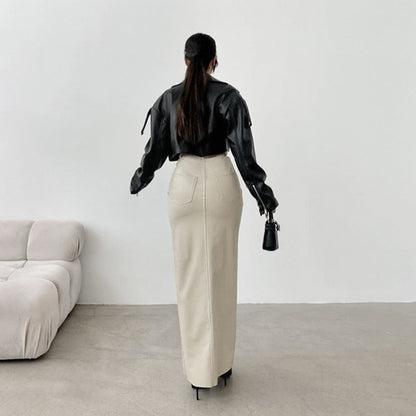High Waist Leather Slit Straight Skirt
