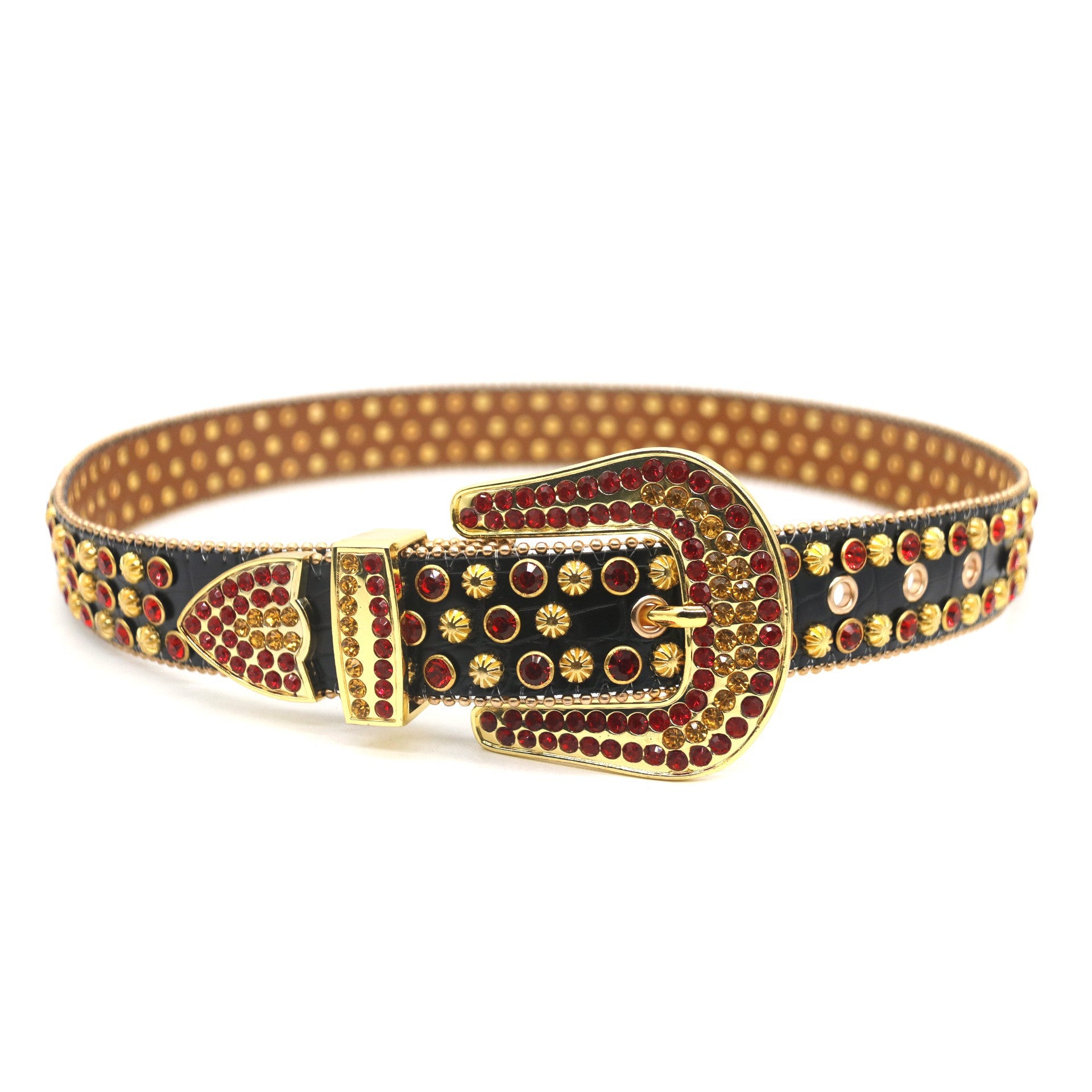 Black rhinestone studded punk leather belt for men streetwear