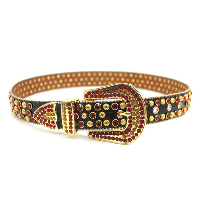 Black rhinestone studded punk leather belt for men streetwear