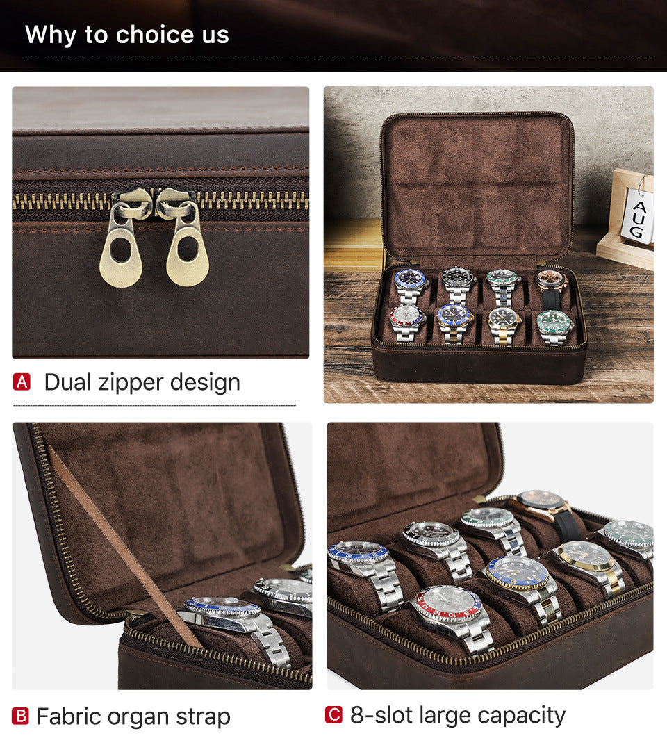 Men’s Leather 8 Slot Luxury Watch Box Travel Case Organizer