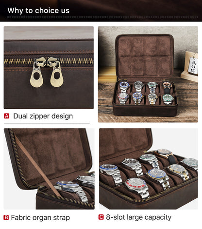 Men’s Leather 8 Slot Luxury Watch Box Travel Case Organizer