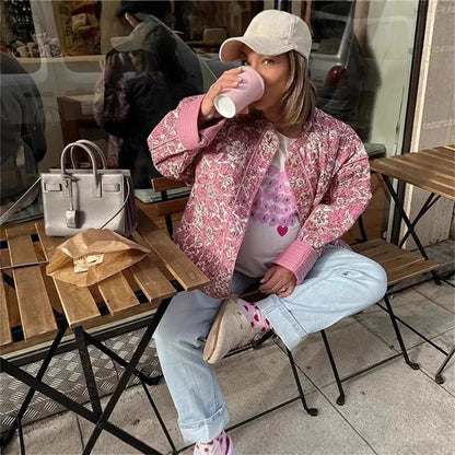 Women Floral Quilted Cotton Jacket Round Neck