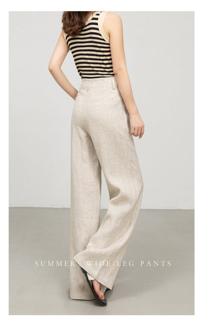High waist women linen pants with wide leg