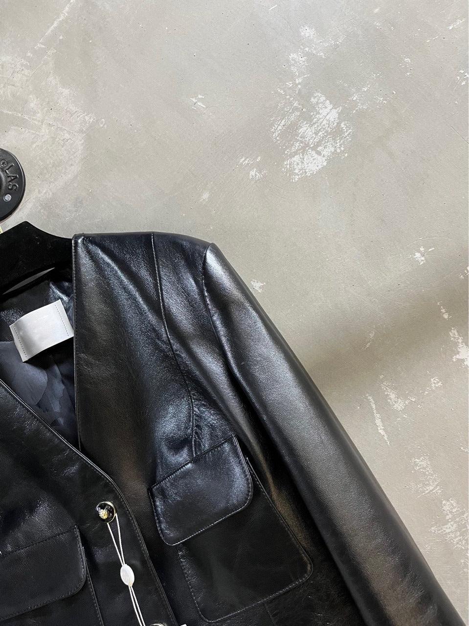 Black Leather Bomber V Neck Jacket Women