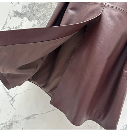 Women sheepskin leather trench coat long belt - Boho Living Room