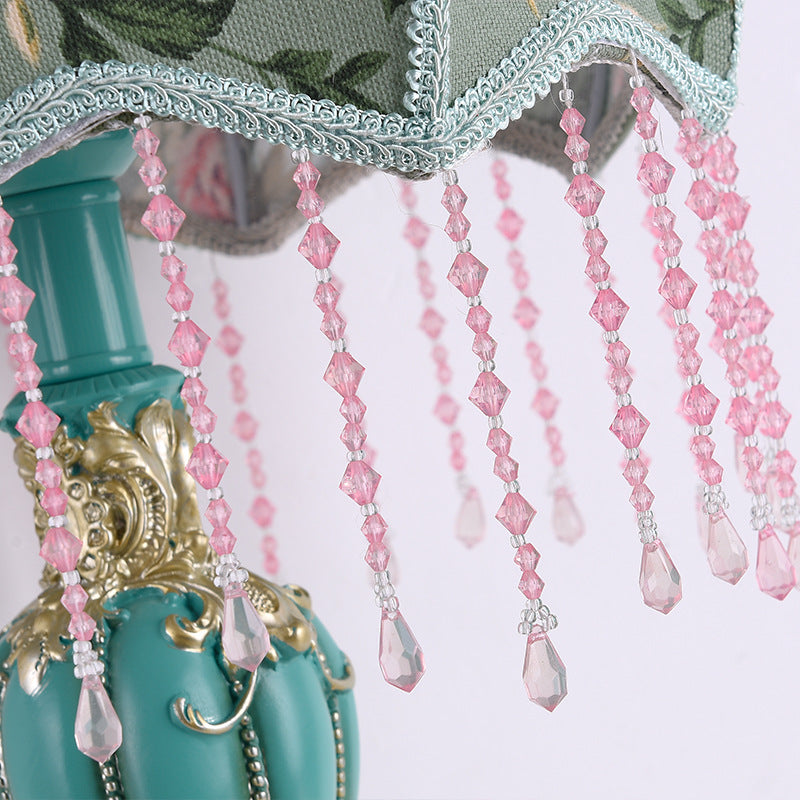 Floral victorian green fabric beaded table lamp