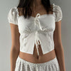 Lace Patchwork Tie Front Puff Sleeve Crop Top