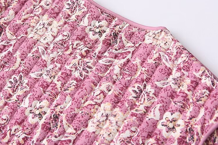 Women Floral Quilted Cotton Jacket Round Neck