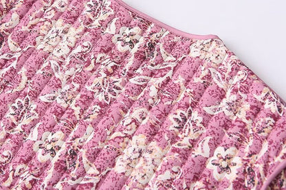 Women Floral Quilted Cotton Jacket Round Neck