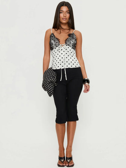 Women’s Polka Dot Lace Trim Satin Camisole Top