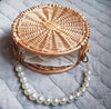 Straw Crossbody Purse Round Woven Bag with Pearl Handle
