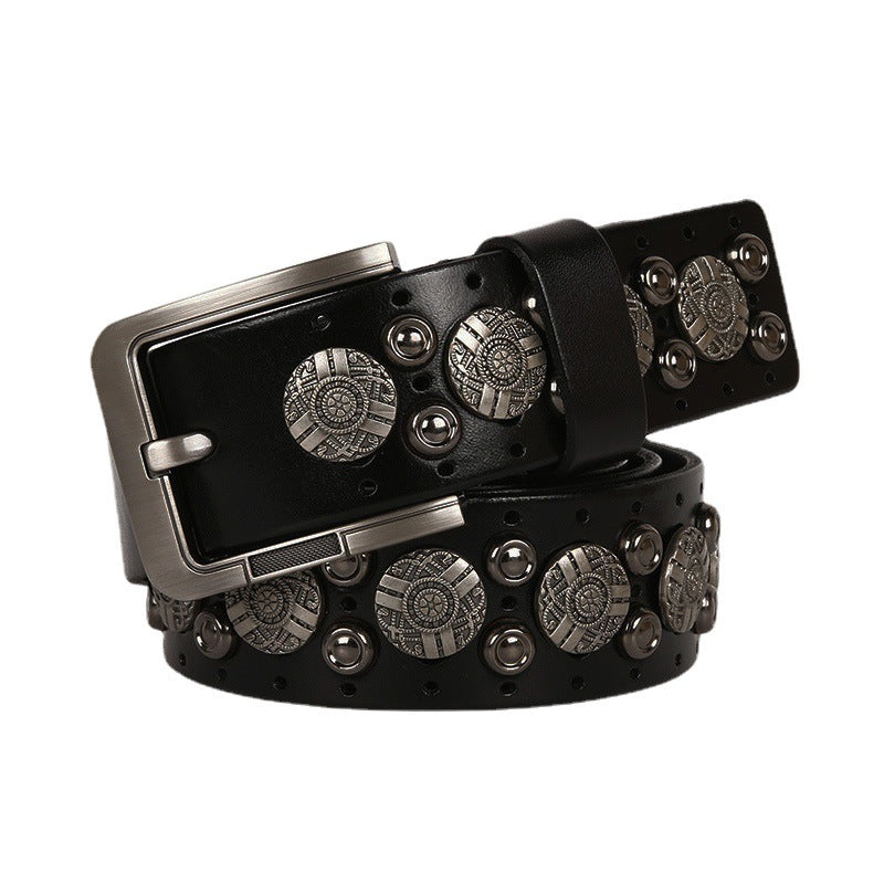 Wide Leather Belt with Silver Studs and Aztec Rivets