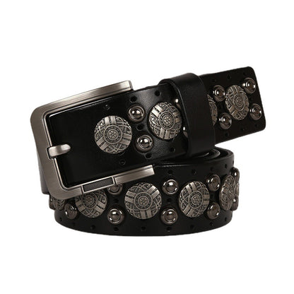 Wide Leather Belt with Silver Studs and Aztec Rivets