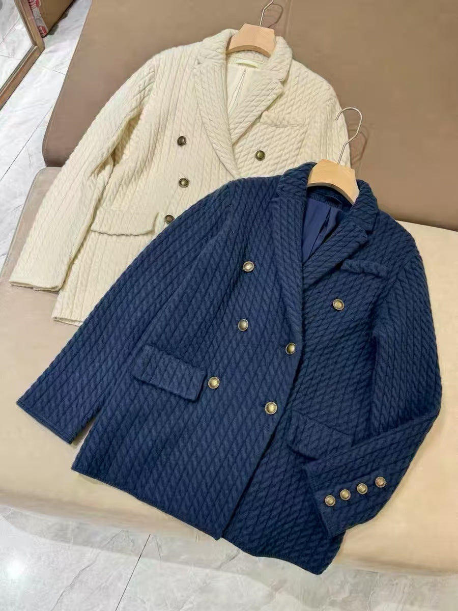 Women Cashmere Wool Double Breasted Knit Blazer