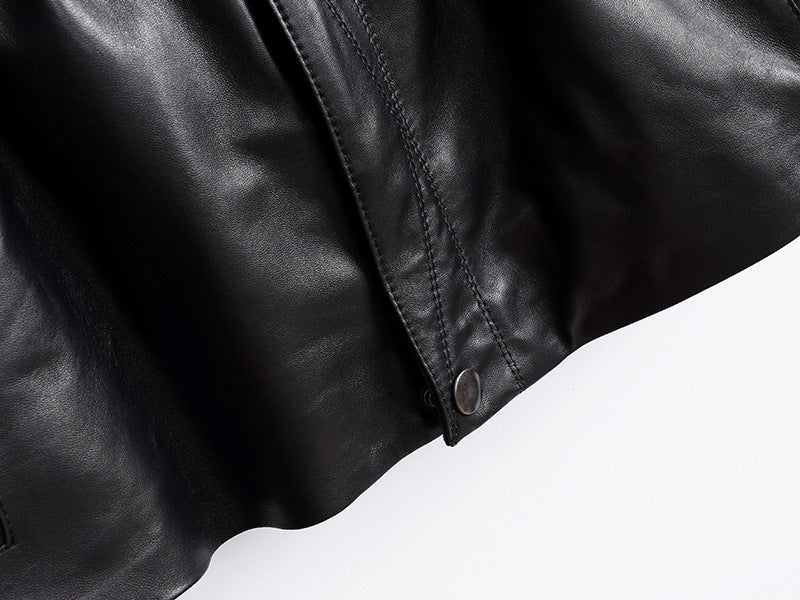 Women’s Leather Moto Trench Coat with Waist Cinch and Buckle Collar