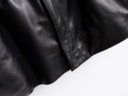 Women’s Leather Moto Trench Coat with Waist Cinch and Buckle Collar