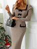 Plaid Midi Long Sleeve Dress with Bows and Square Neckline