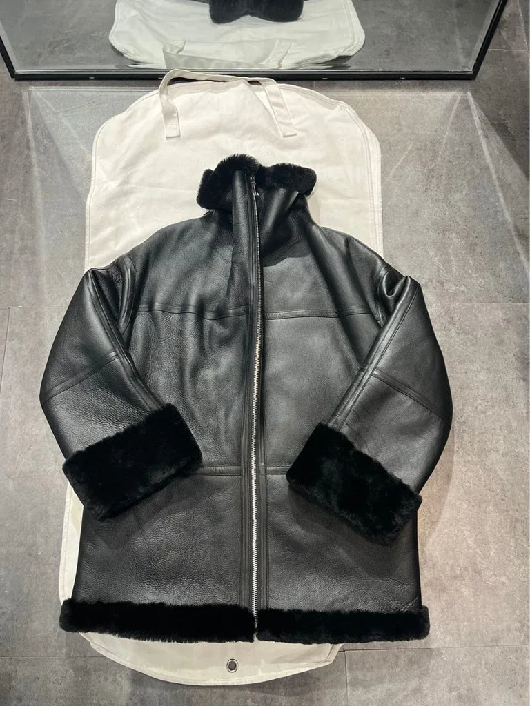 Women Genuine Leather Jacket with Real Fur Bomber Style
