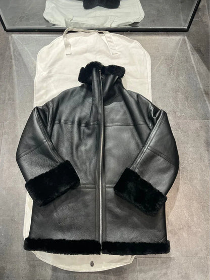Women Genuine Leather Jacket with Real Fur Bomber Style
