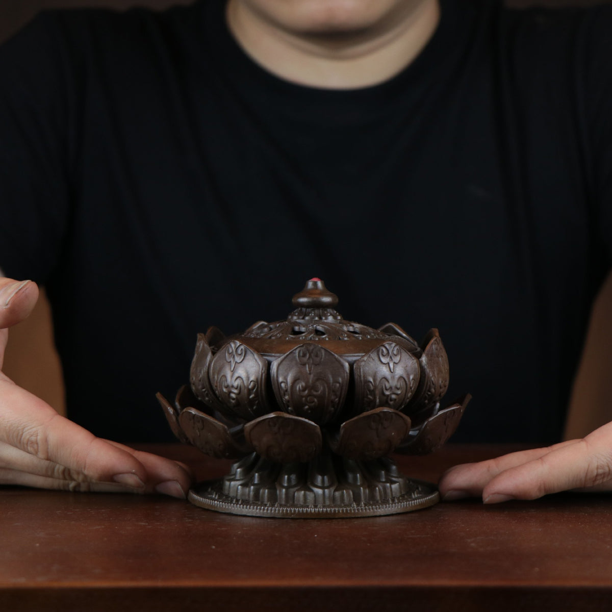 Lotus Incense Burner with Lid and Dark Bronze-Tone Finish