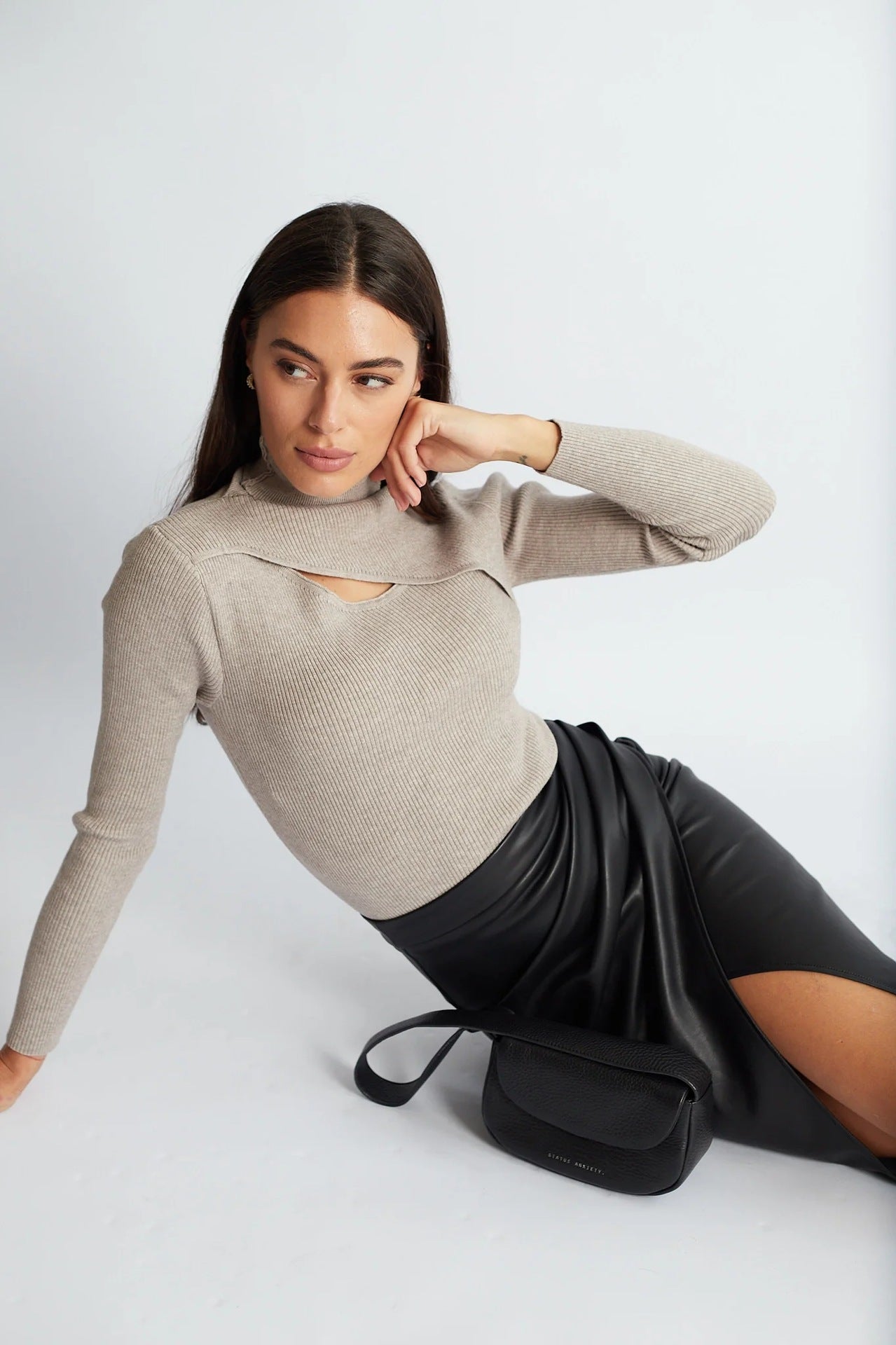 High Waisted Imitation Leather Skirt Ruched Detail