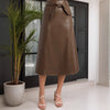 Brown Faux Leather Midi Skirt with Bow Belt High Waist
