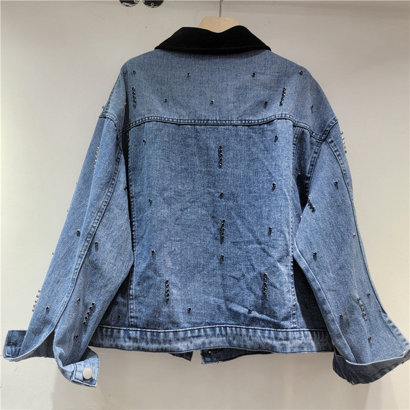 Women’s Contrast Collar Beaded Denim Jacket