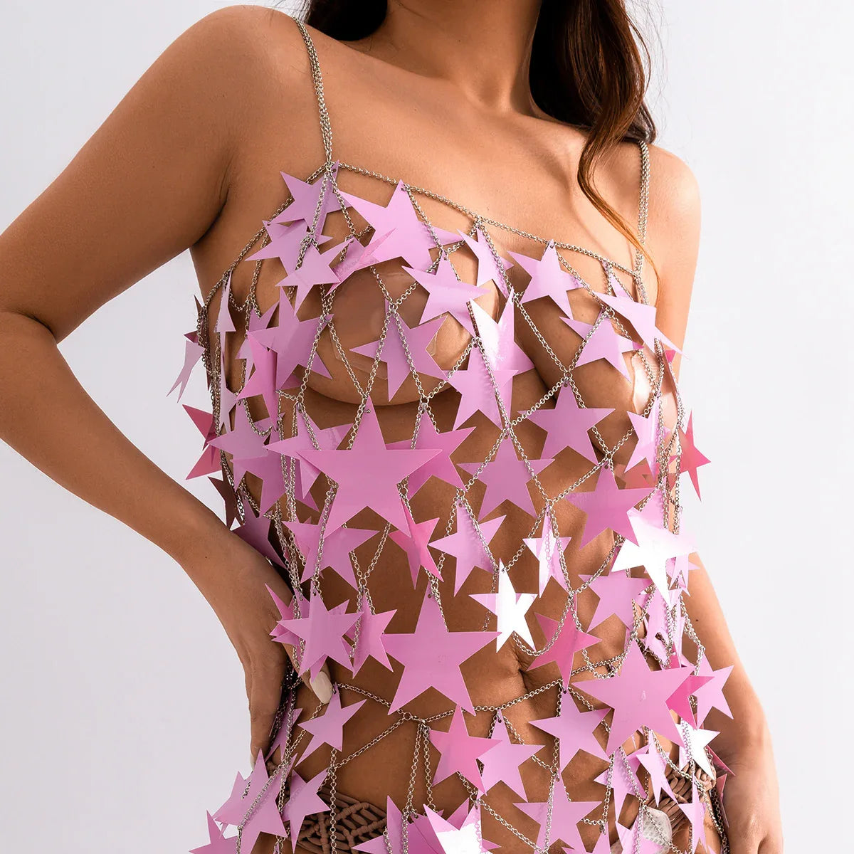 Pink Star Sequin Chain Mesh Festival Outfit Set