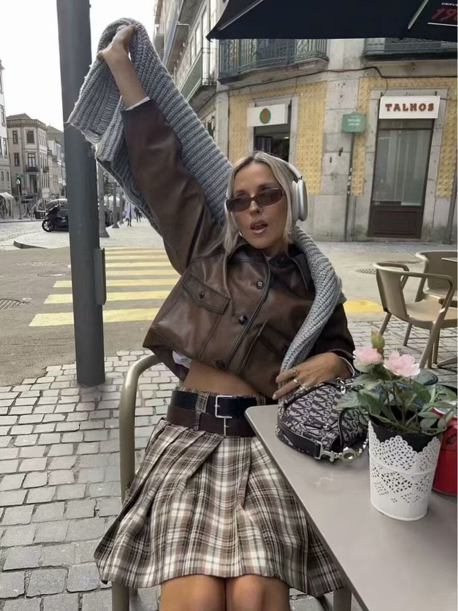 Brown Faux Leather Bomber Jacket for Women Cropped