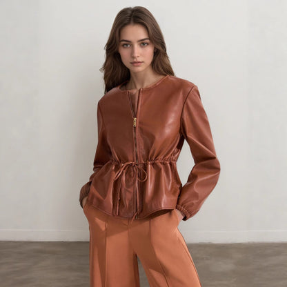 Brown Faux Leather Jacket for Women with Drawstring Waist