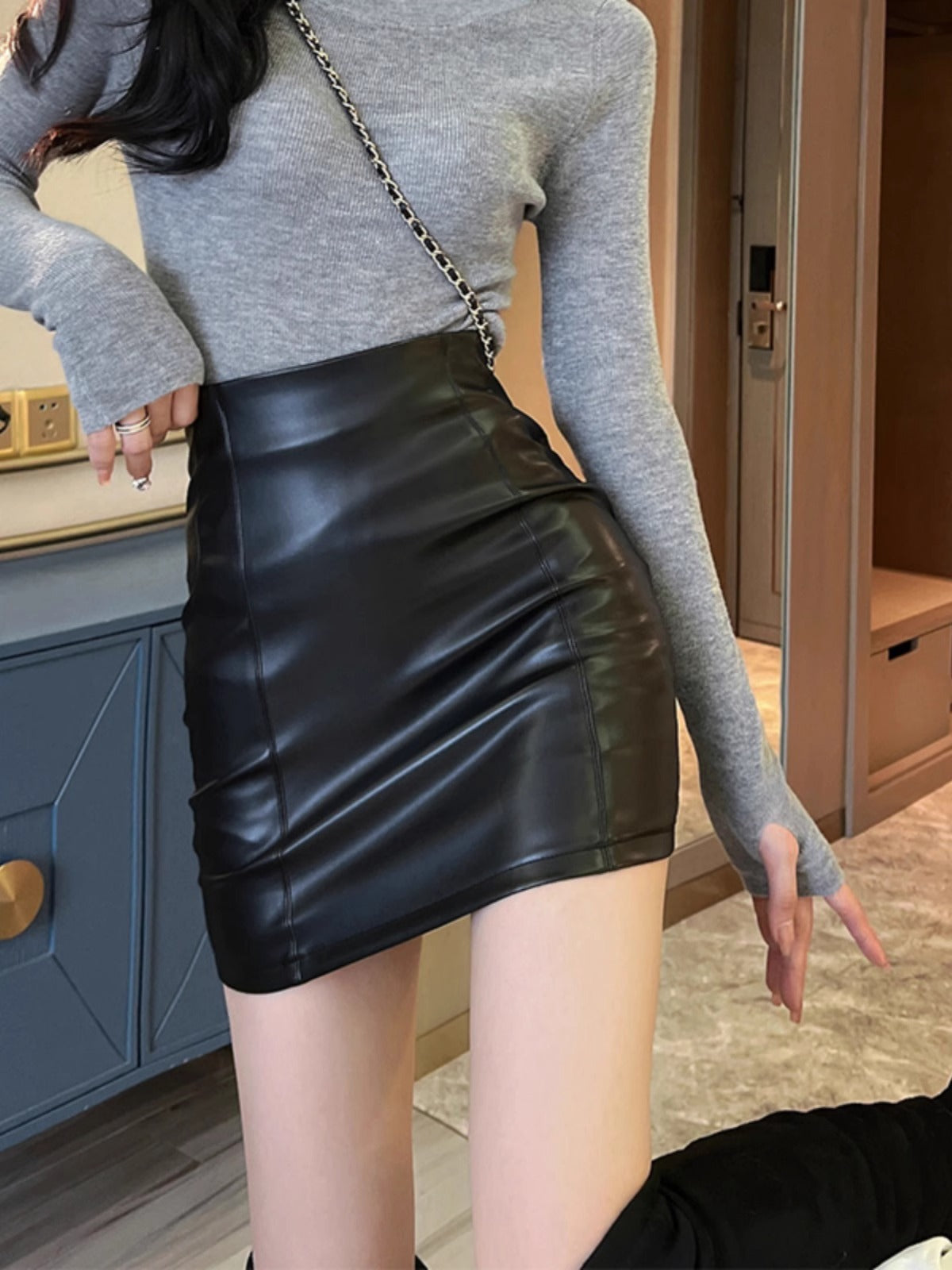 High Waist Black PU Leather Mini Skirt