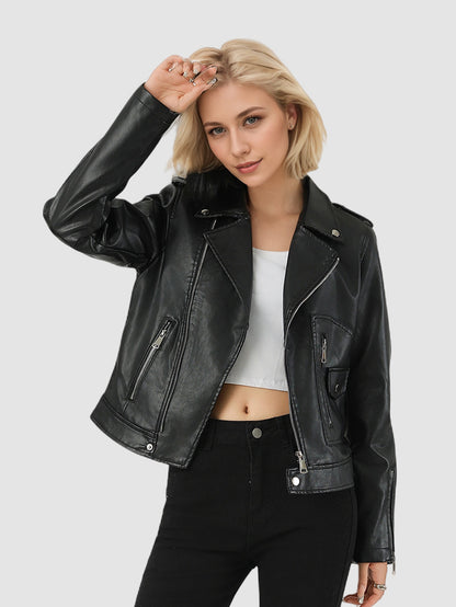 Black Faux Leather Moto Jacket with Zipper Pockets for Women