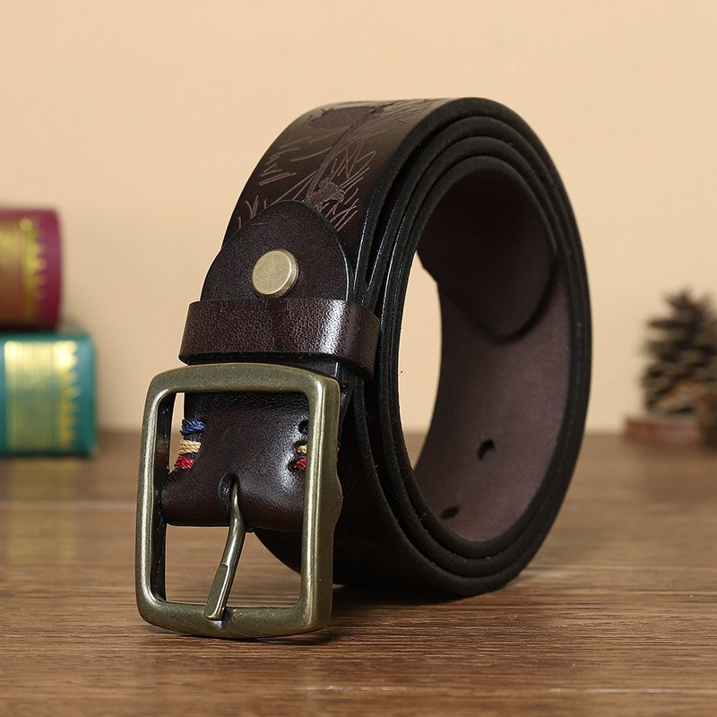 Men’s Engraved Leather Belt with Top-Grain Cowhide and Brass Buckle