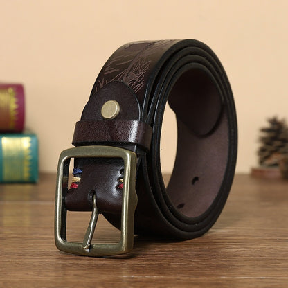 Men’s Engraved Leather Belt with Top-Grain Cowhide and Brass Buckle