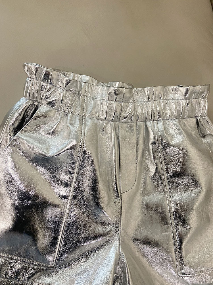 Gold High Waist Women Leather Shorts