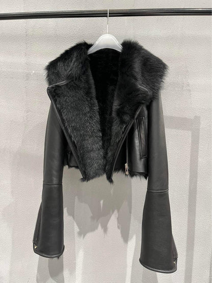 Women’s Genuine Leather Bomber Jacket with Shearling Fur Collar