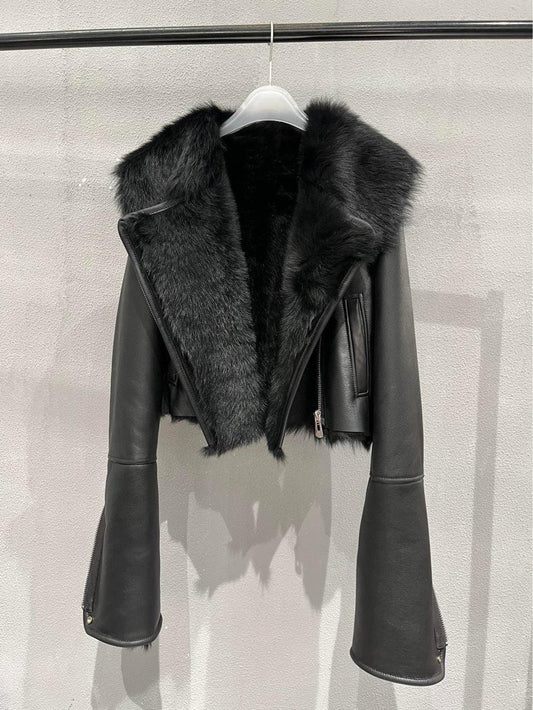 Women’s Genuine Leather Bomber Jacket with Shearling Fur Collar