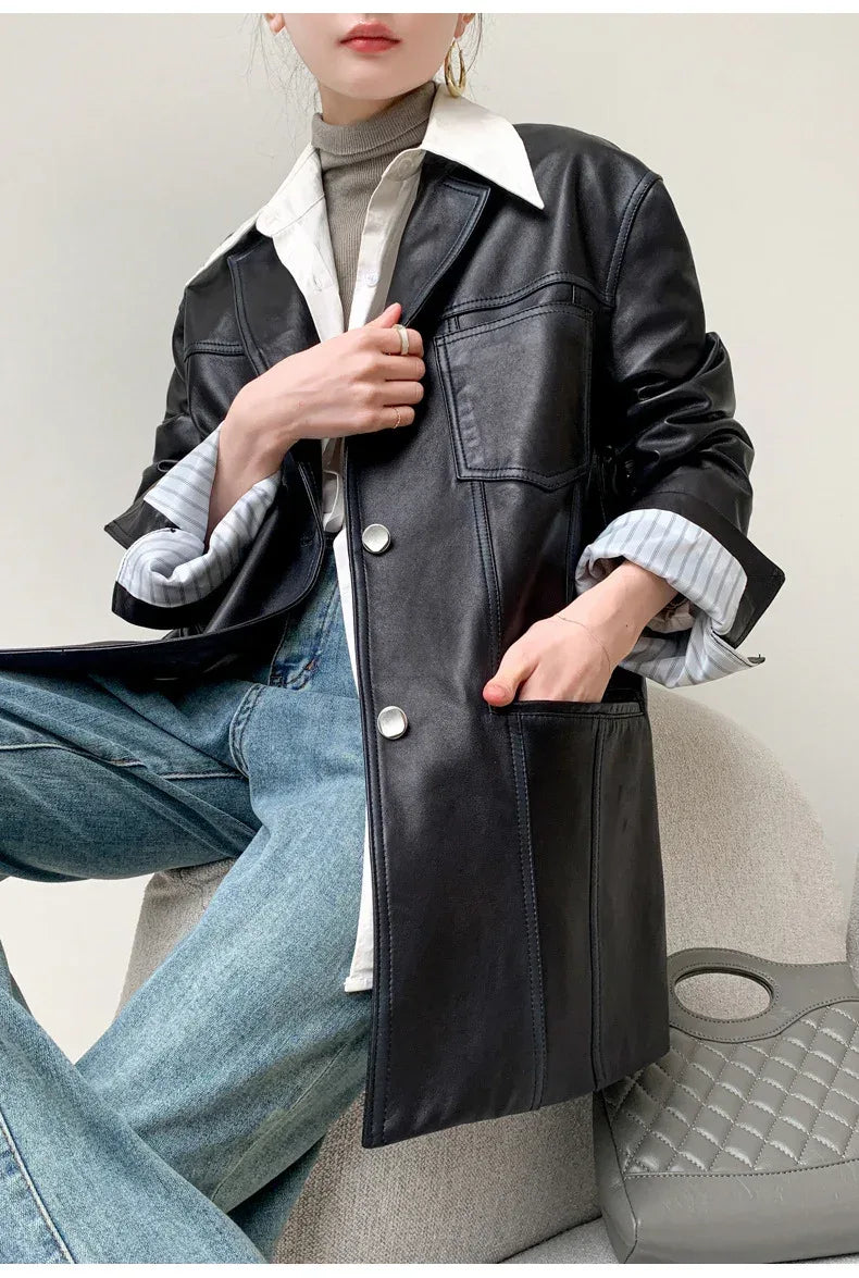 Women Oversized Genuine Leather Jacket Moto Blazer