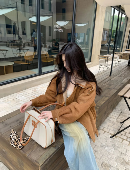 Women Suede Lambswool Real Fur Moto Jacket