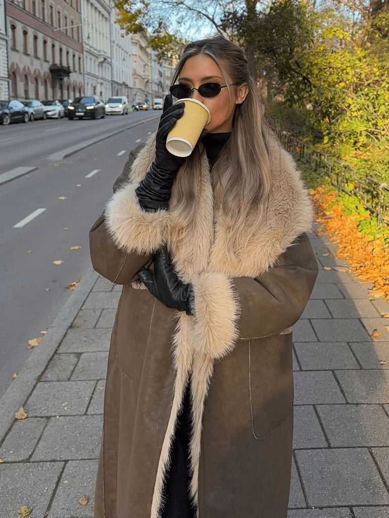 Women Reversible Faux Fur Long Coat Shearling Effect Winter Coat