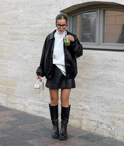 Oversized Faux Leather Jacket for Women
