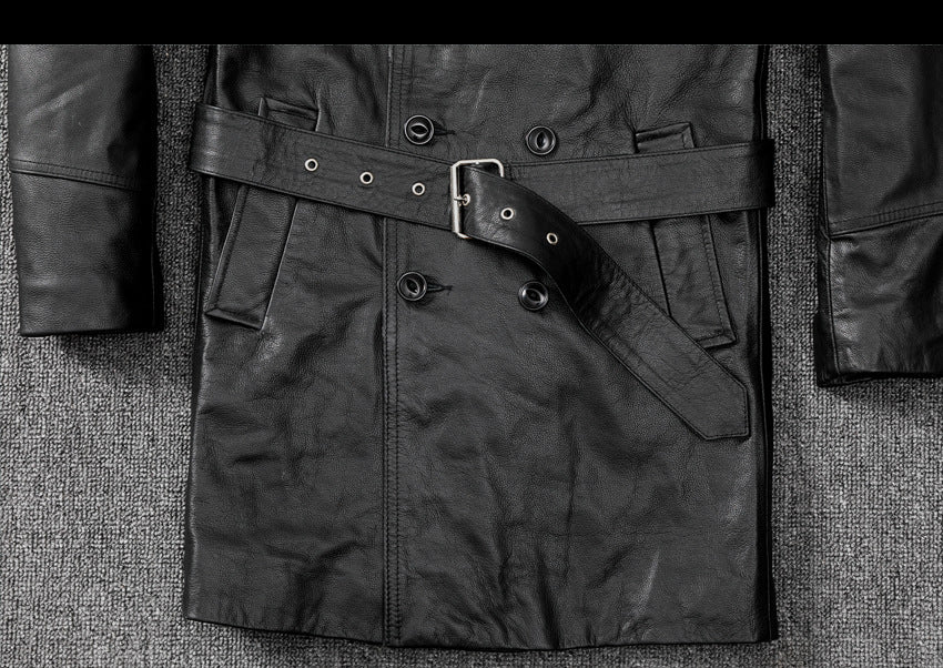 Men mid length leather trench coat jacket