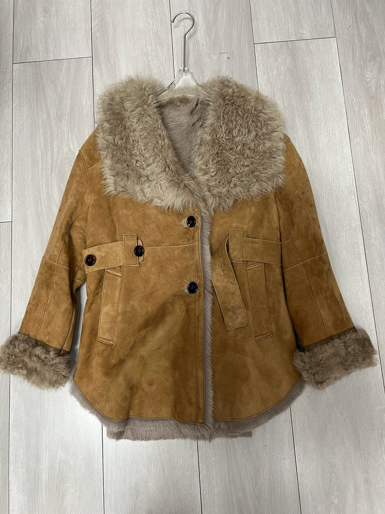 Women’s Suede Trench Coat with Real Fur Collar