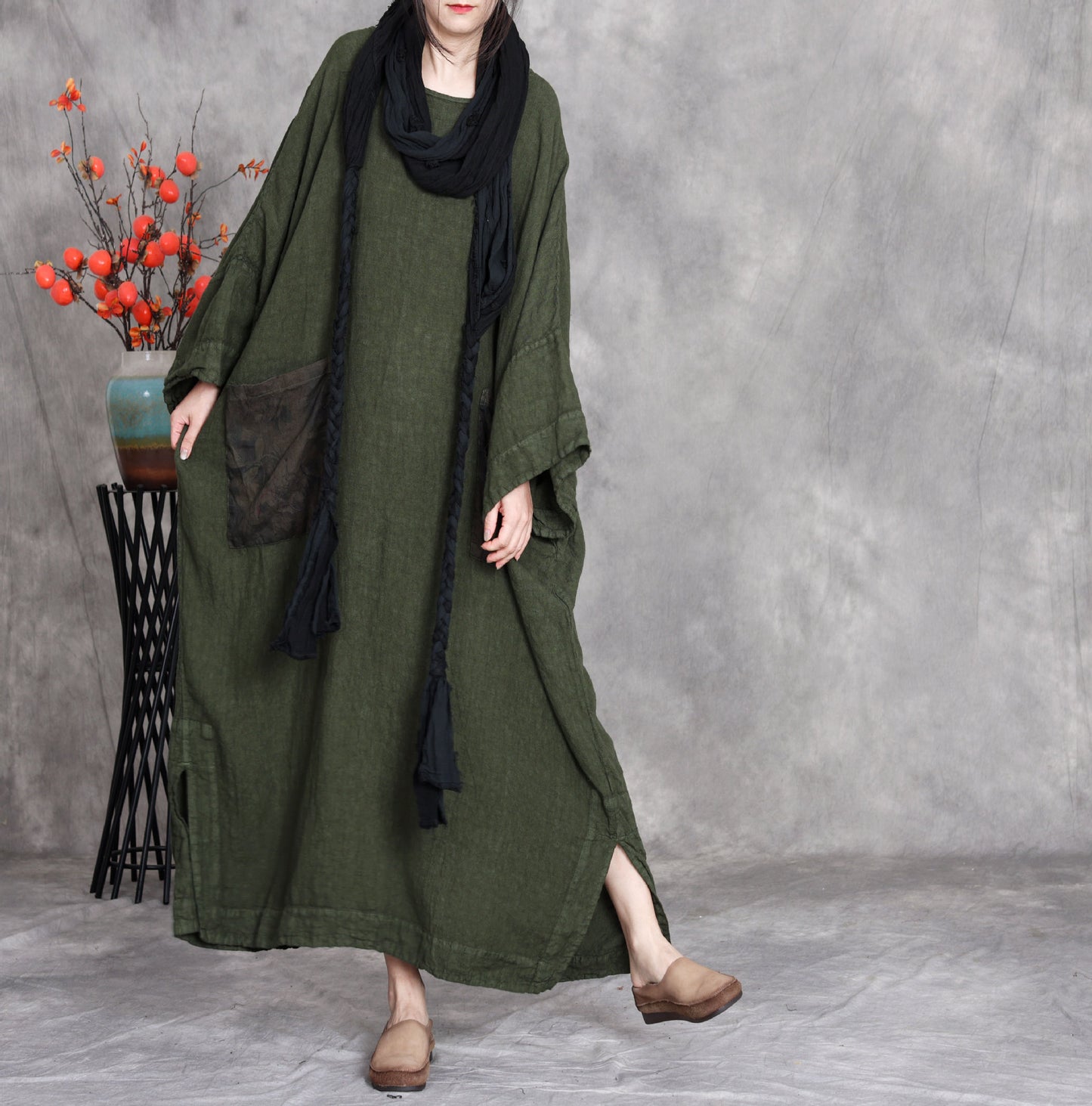 Plus size linen maxi dress loose long sleeve with pockets 2