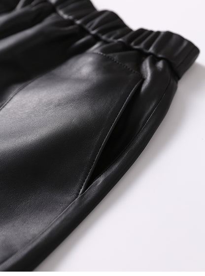 Women’s Genuine Sheepskin Leather High Waist Shorts with Pockets