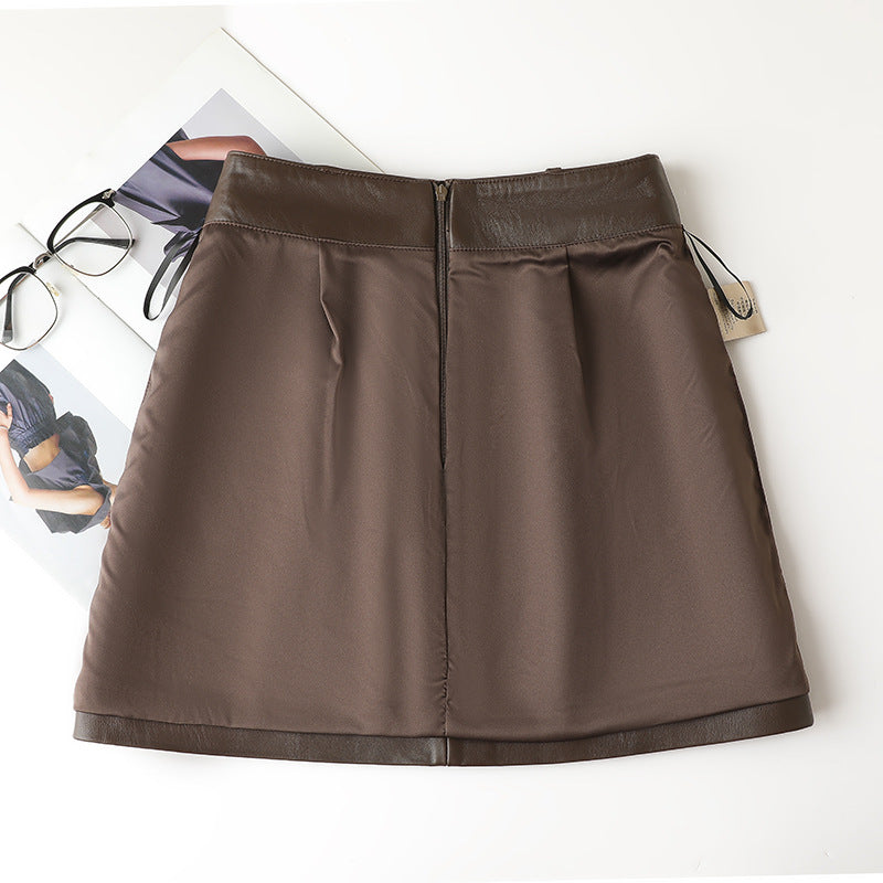 high waisted a-line mini leather skirt with front slit