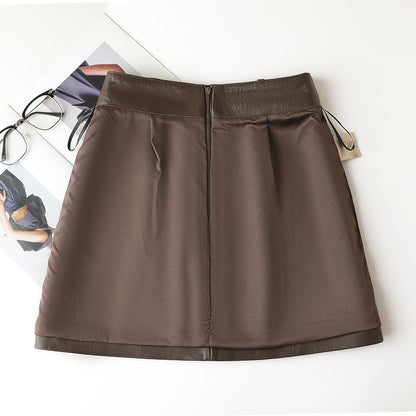 high waisted a-line mini leather skirt with front slit