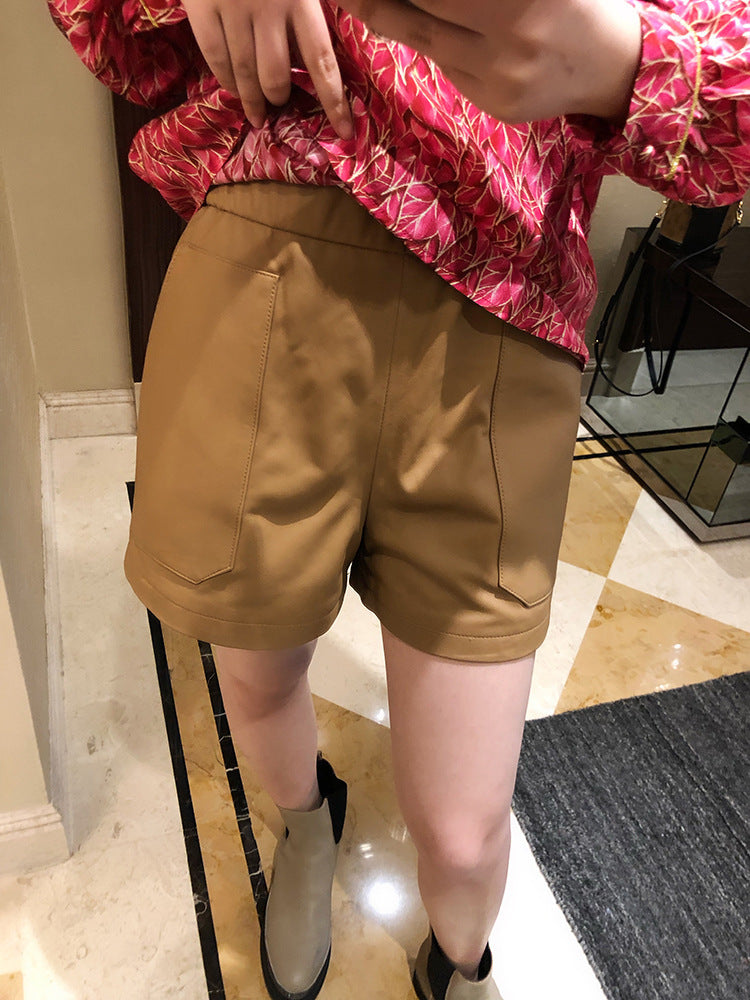 Women’s Genuine Sheepskin Leather High Waist Shorts with Pockets