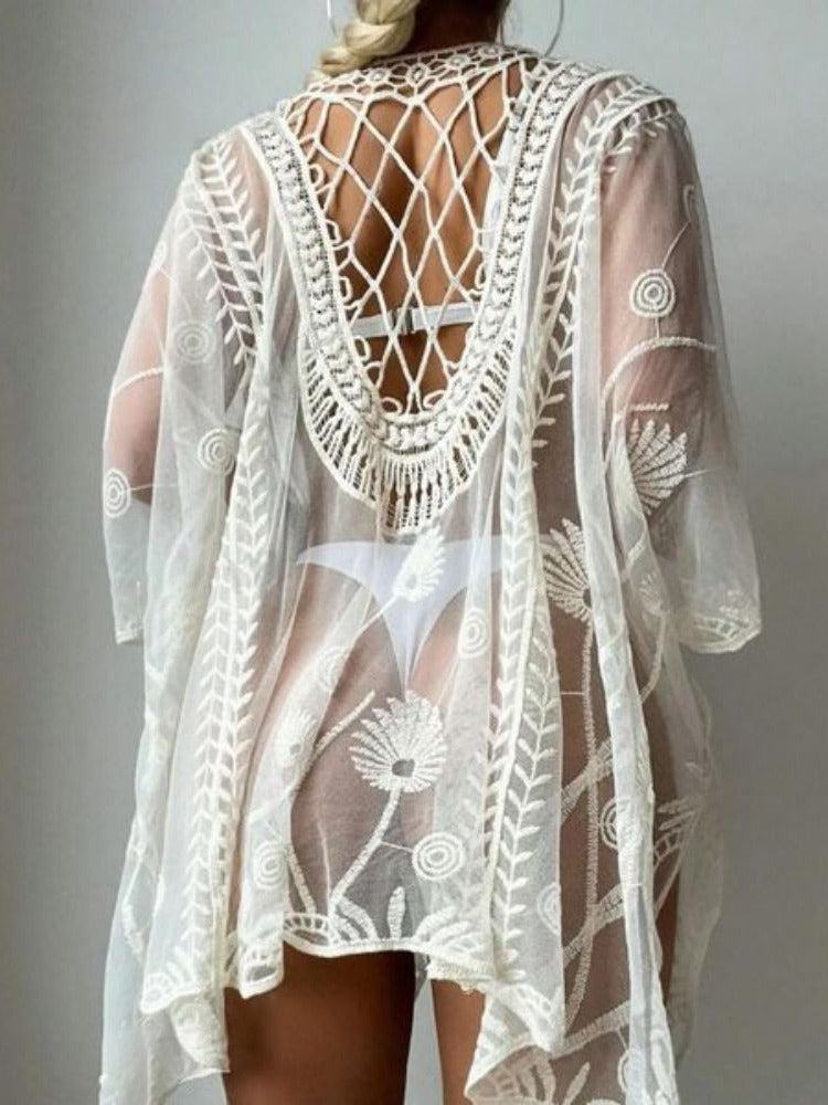 Sheer lace embroidered beach cover up cardigan
