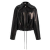 Black Glossy Faux Leather Cropped Jacket with Drawstring Hem for Women